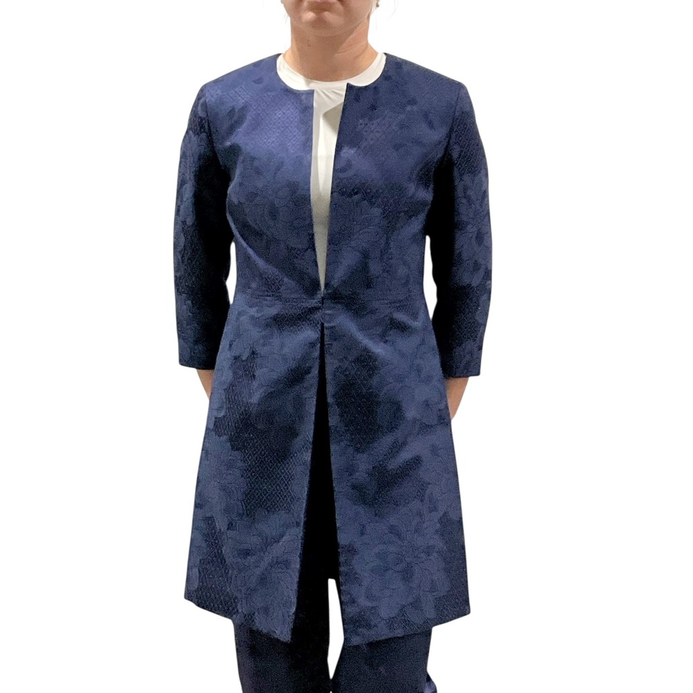 Talbots Petites Navy Blue Brocade Jacquard Collarless Long Jacket Coat Pant Suit